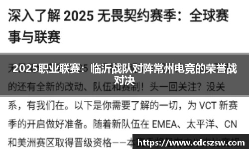 2025职业联赛：临沂战队对阵常州电竞的荣誉战对决